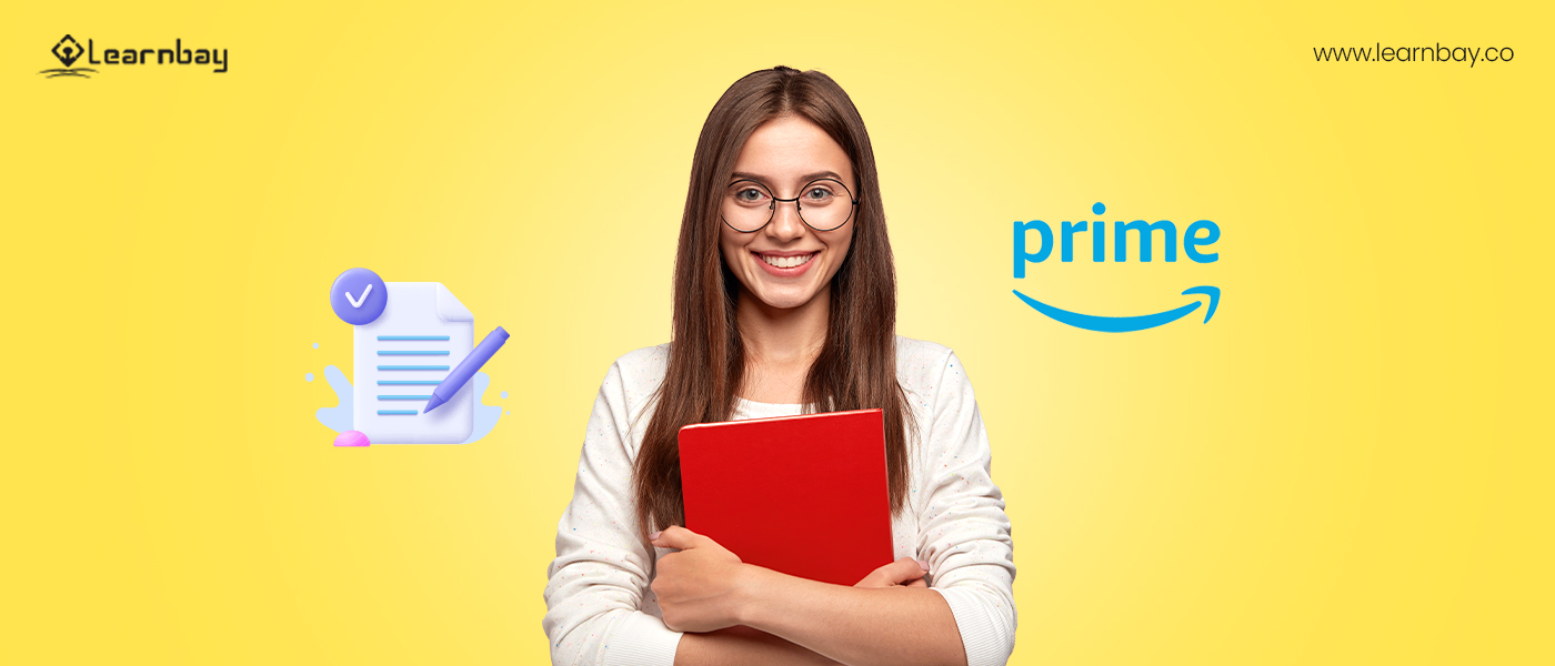 A girl stands with a book in her hand, with a note symbol on the left side and a prime logo on the right.