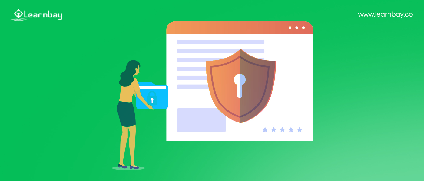 An illustration shows a  girl holding a secured box signifies the security of content management.