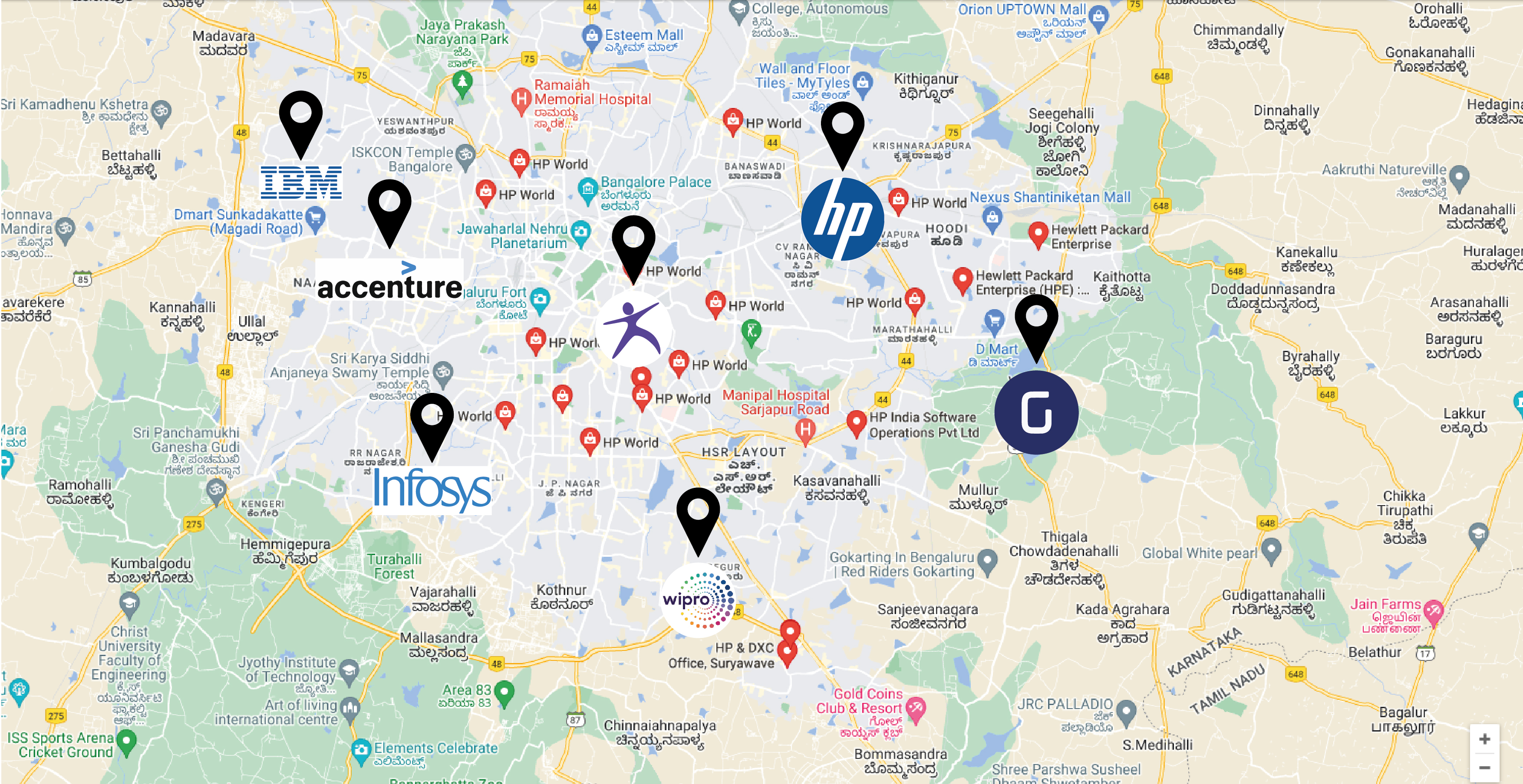 A map with locations for the top seven companies in Bangalore for machine learning engineers, such as Accenture, IBM, Wipro, FugenX, Gramener, HP, and Infosys.