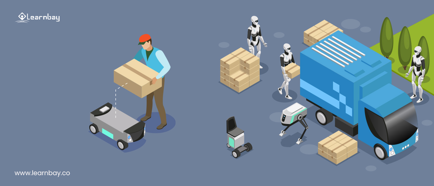 Multiple AI-powered robots and vehicles are busy at work in an automated delivery environment.