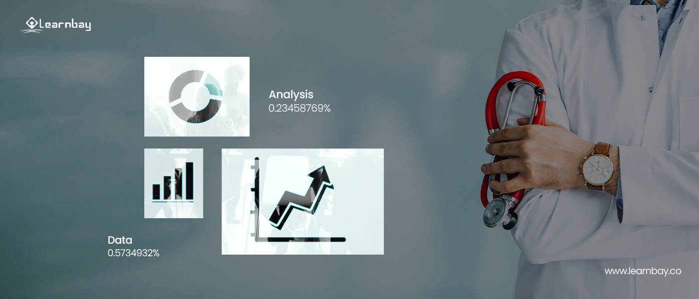 A doctor with a stethoscope, accompanying with different types of analytical graphs and charts represents the application of data science in healthcare.