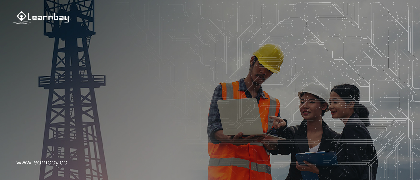 Three site engineers standing beside a mobile tower are busy with a laptop. This represents the application of data science in telecommunication.