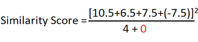 An equation reads, similarity score equals to open parenthesis negative 10.5 plus 6.5 plus 7.5 plus negative 7.5 close parentheses to the power of 2 divided by 4 plus 0 (in red).