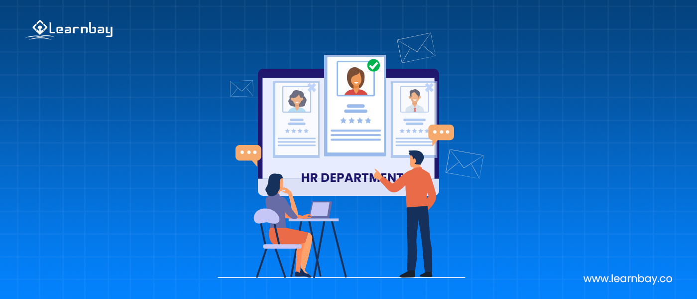 An illustration shows two HR professionals discussing various candidates' profiles for recruitment and selection. One HR pro is seated with a laptop and the other HR is standing in front of a screen with three candidates' profiles displayed. The HR pro is indicating toward the selected profile.