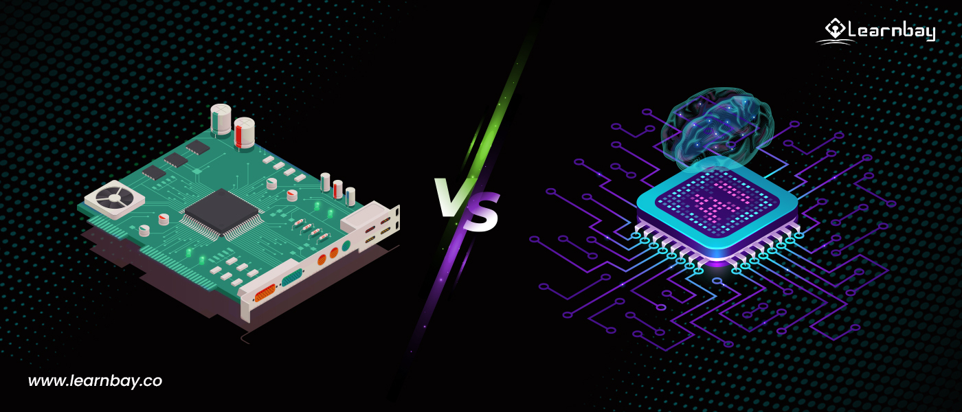 An illustration shows two integrated chips on a board, one of which is a traditional CPU and the other is an AI-enabled CPU.