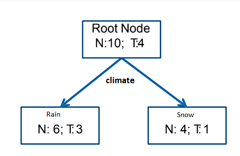 Root Node with N:10; T:4 splits into to posibilities, such as Rain with N:6; T:3 and Snow with N:4; T:1