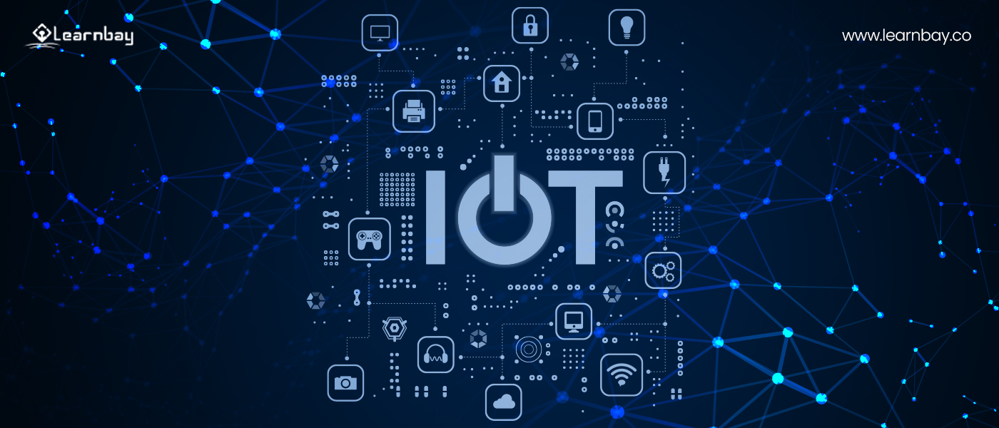 An image represents the applications of IoT into equipment such as wearable gear, digital assistants, sensors, gadgets etc.