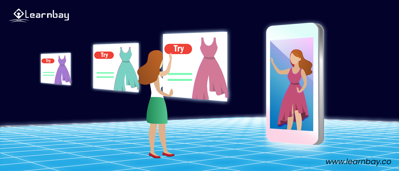 An illustration shows a woman using a smart mirror for changing and trying clothing apparel.