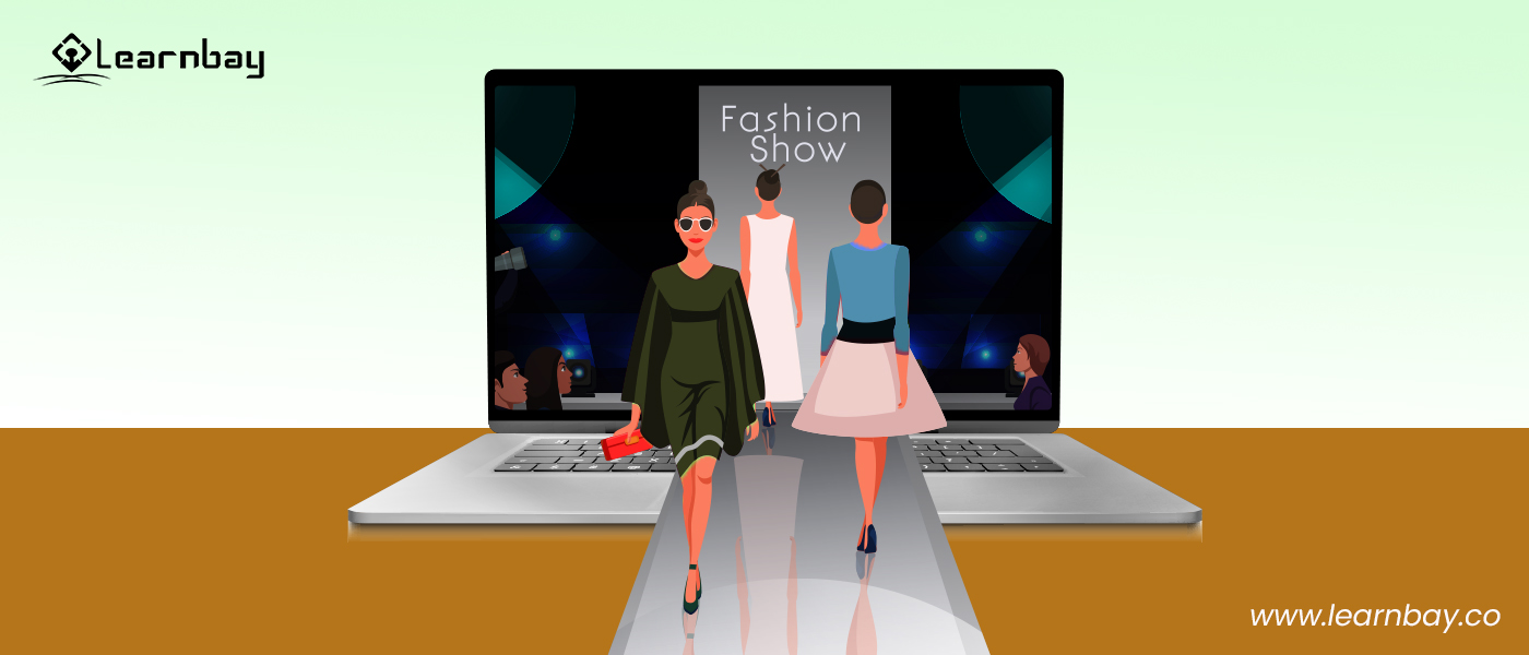 An illustration depicts a virtual fashion show, with three women walking down the ramp.