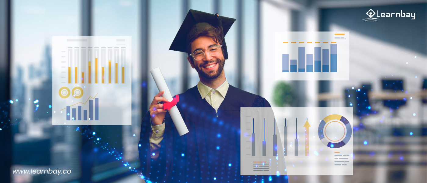 A photo shows a learner who completed the business analyst certification, holding the degree with a smiling face. The foreground shows different graphs like, 'bar charts', 'donut charts', 'column charts' and a 'stock chart'.