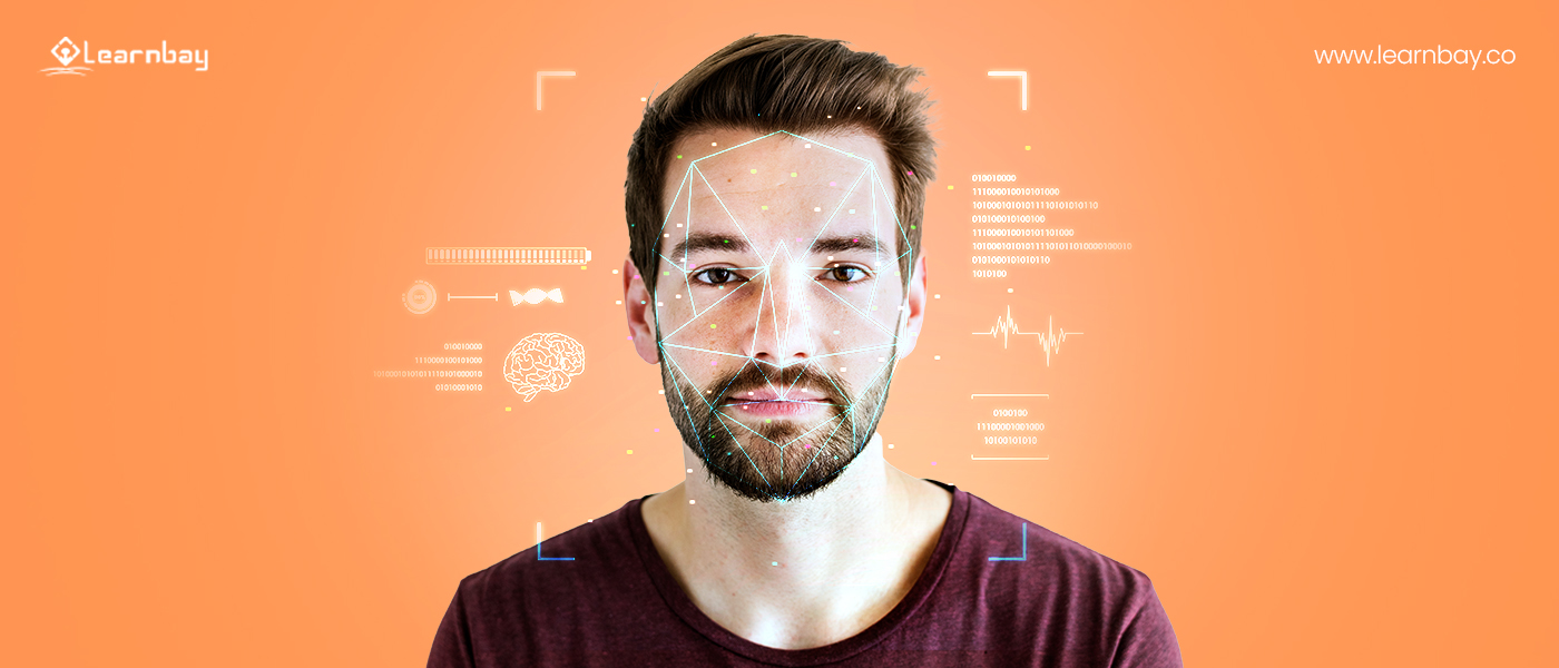 A man whose face is being scanned using artificial face recognition technology.