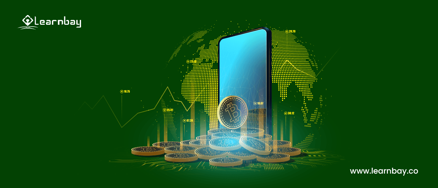 An illustration shows a smartphone perpendicularly dipped into a stack of metallic currencies. The background shows an illuminating globe.