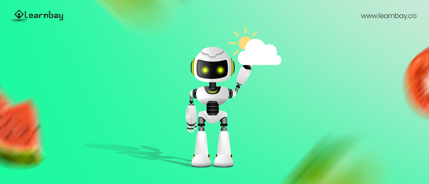 An AI based based robot points toward the cloud.