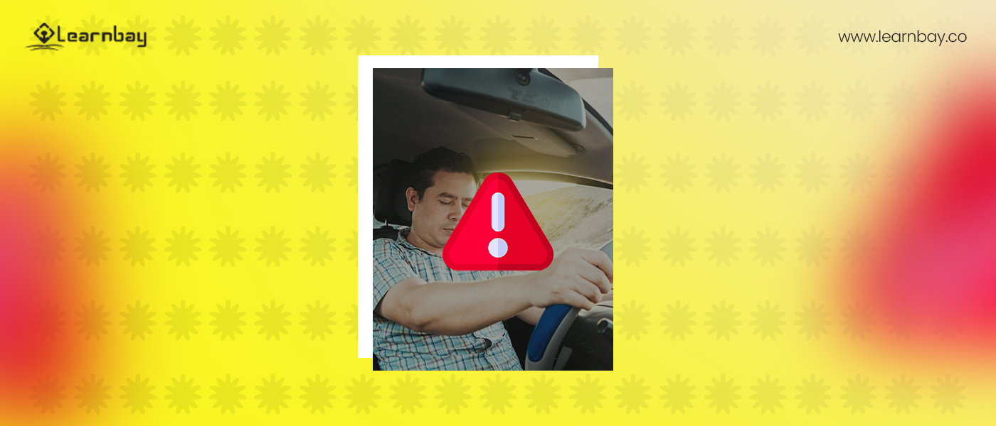 A photo shows a man becoming drowsy while driving. The foreground of the image shows flashing warning signal.