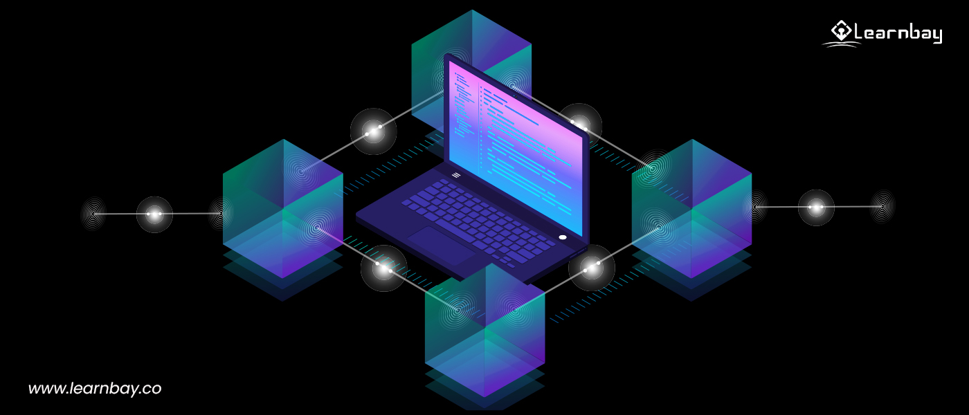 An illustration shows the 'blockchain technology' featured with a laptop and block boundaries around connecting the activities.