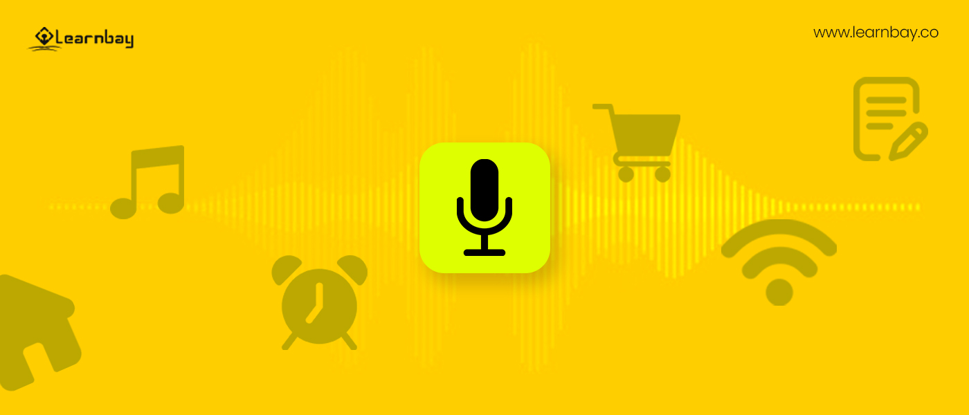 A microphone symbol demonstrating the capability of AI assistants in various kinds of roles such as music, shopping, alarm etc.