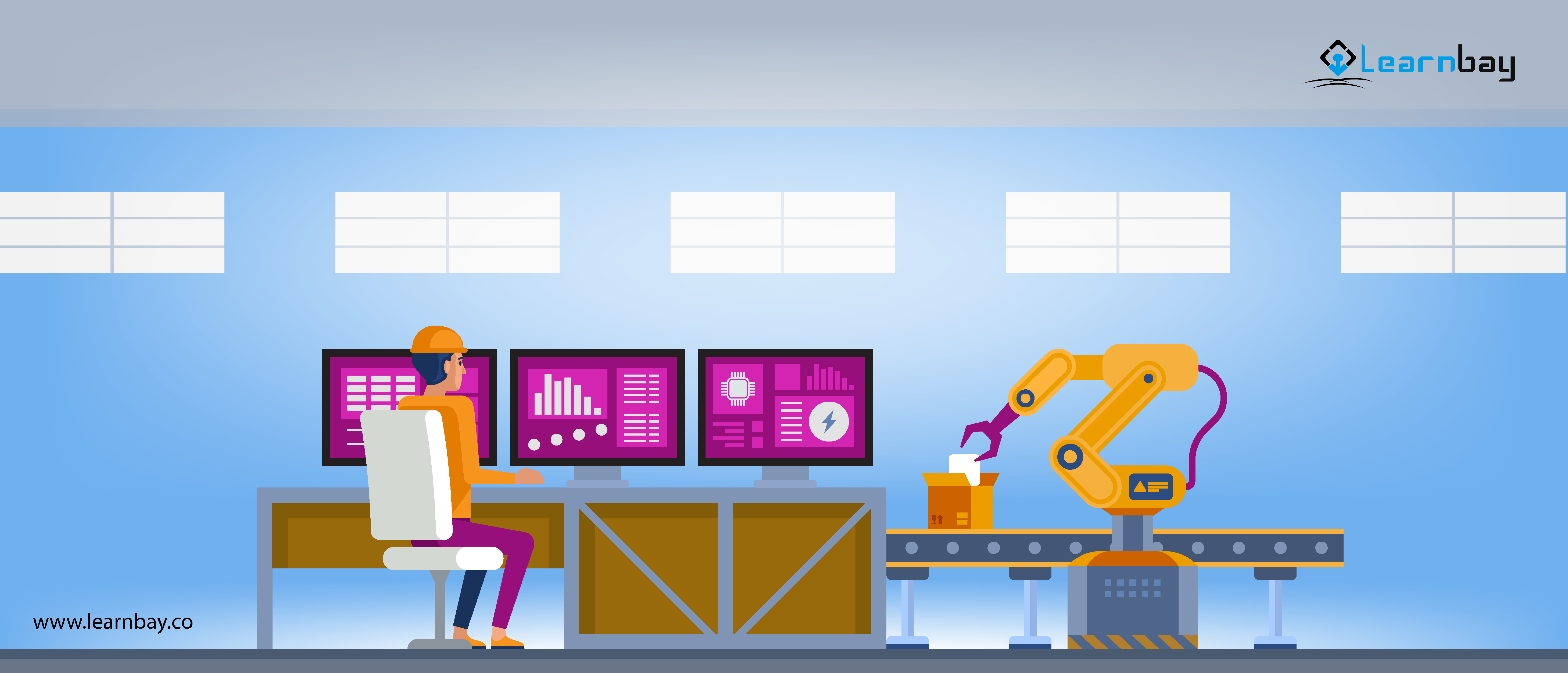 An illustration shows a guy sitting in a chair in front of three screens while a robotic machine packs a box in an accelerating tray.