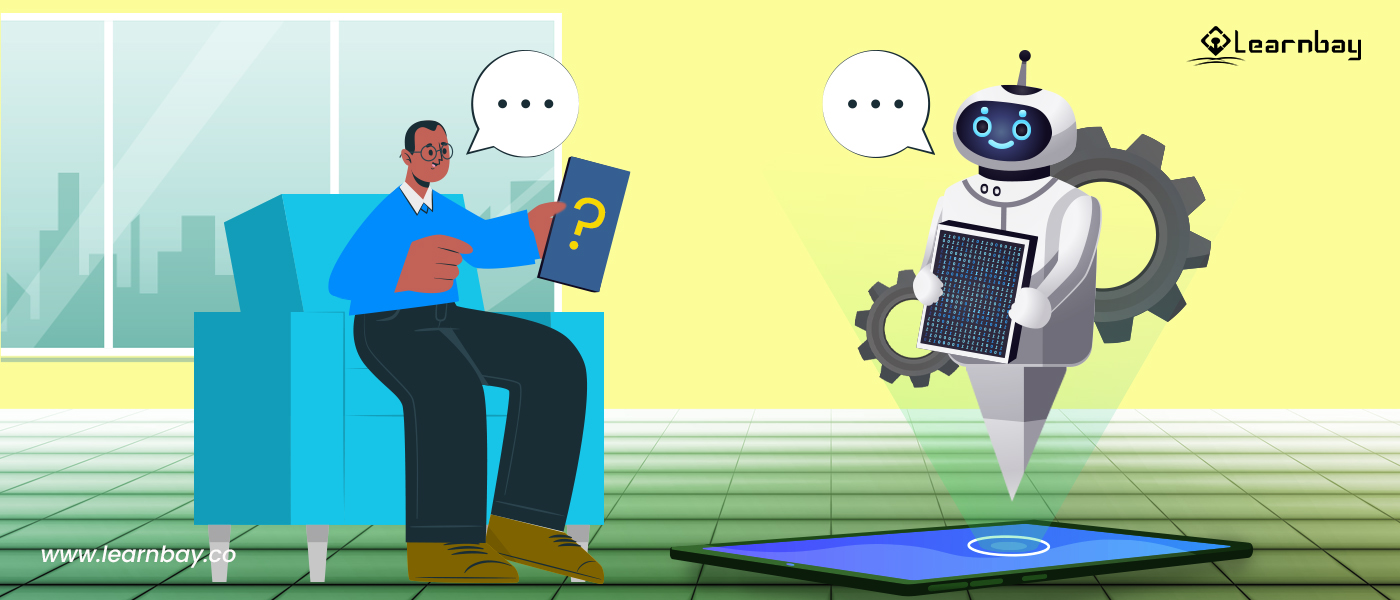 An illustration shows a man seated on a sofa conversing with a robot standing in front of him. The robot is coming from the callout of the a tab display.