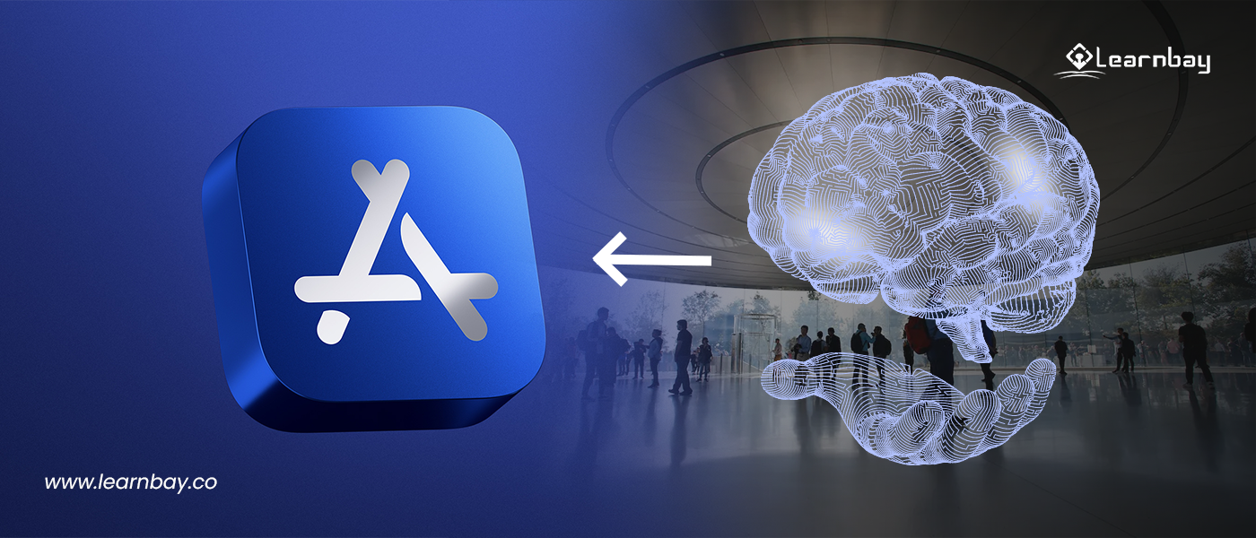 An image shows an AI-humanoid brain and a human palm moving toward Apple's App Store (logo).