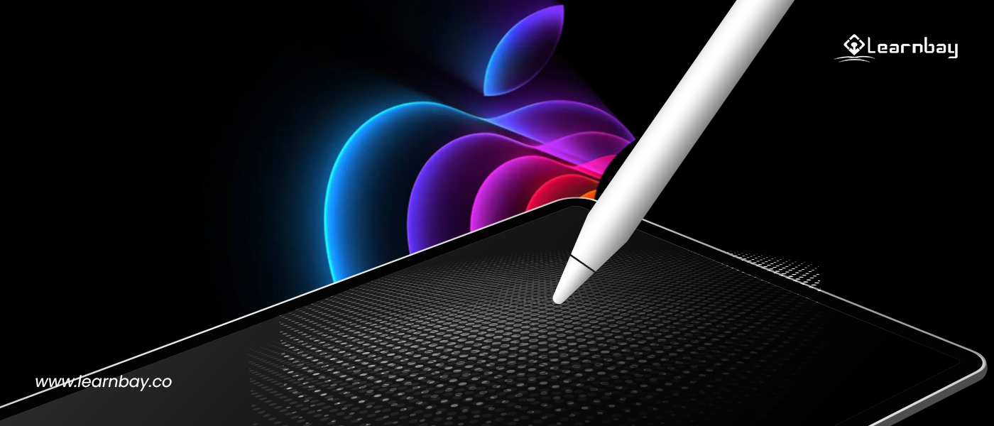 An image shows an Apple pencil on an iPad, with an illuminated apple logo in the background.