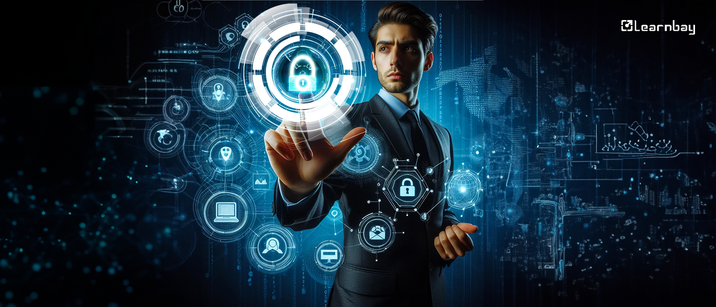 An image shows a man pointing to a cybersecurity symbol to identify accurate technical shifts. 