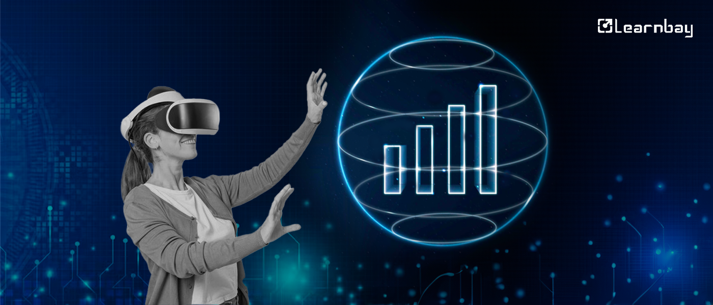 An image shows a woman wearing a VR headset and visualizing the graphical stats.