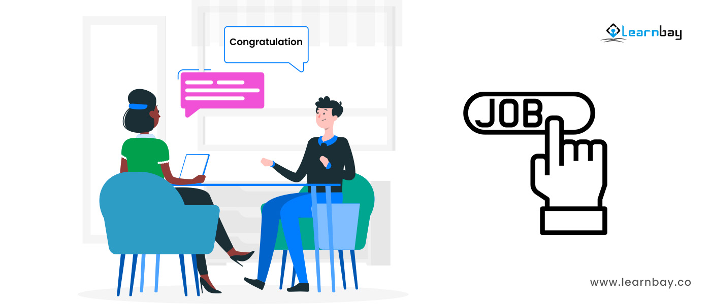 An illustration shows a data science interview that faces the interviewer. A chat bubble from the interviewer writes, 'Congratulations.' The left side of the illustration shows a cursor pointing to a button labeled 'job.'