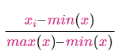 A MinMaxScaler formula  lowercase x subscript lowercase i  that  Subtract min of column with lower case (x) & divides by the difference between max lowercase(x) & min lowercase(X).
