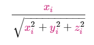 A normalizer formula that divides each parameter value by magnitude where lowercase x subscript lowercase i divides with the squre root of lowercase x subscript lowercase i with exponential 2 + lowercase y subscript lowercase i with exponential 2 + lowercase z subscript lowercase i with exponential 2.