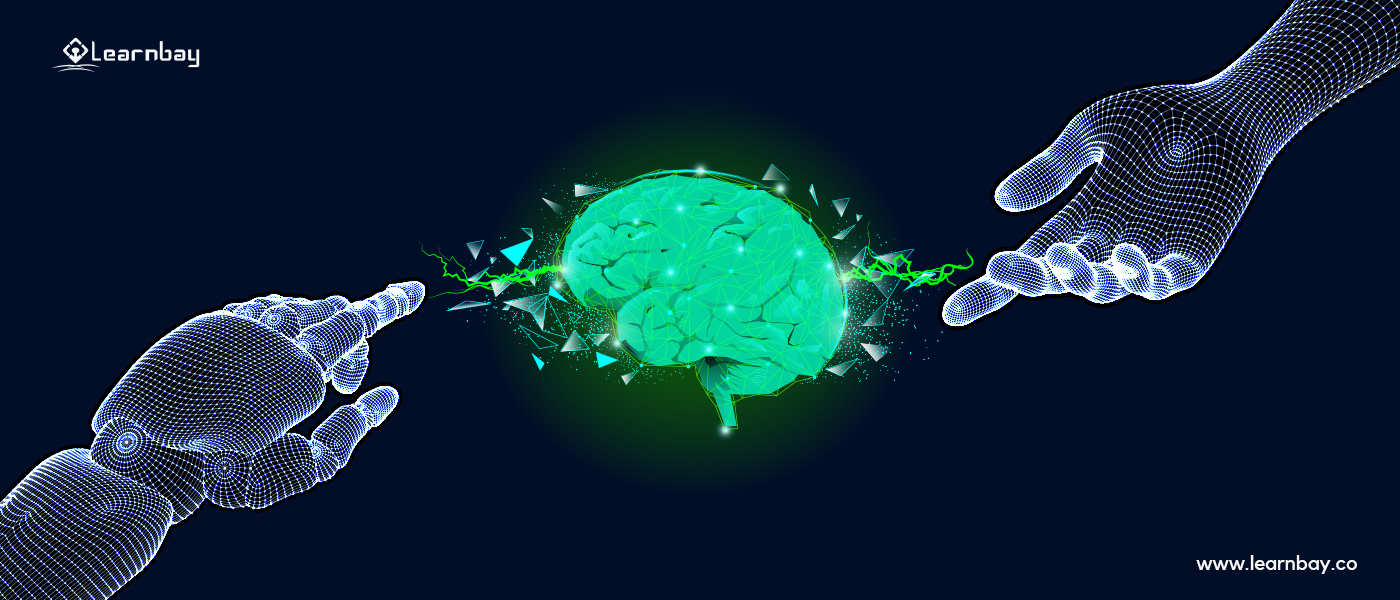 A robotic arm and a human arm approach a human brain  from two opposite sides. This anticipates the optimization of workflows through AI.