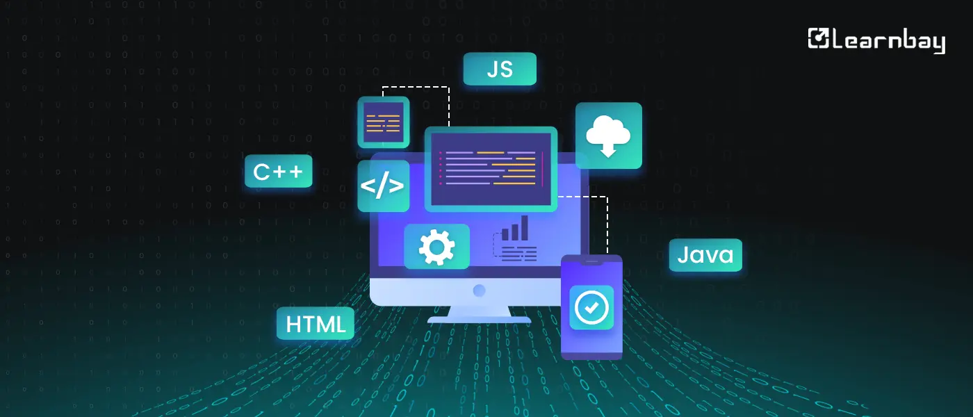 An image shows a desktop with visualizations for C++, HTML, and other programming languages optimizing data structures course.