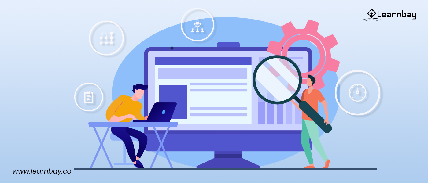 An illustration shows a person seated on a chair with a laptop. An another person carrying a large magnifying glass in front of a huge desktop to search for information about the system design process.