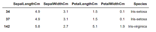 The table shows three duplicate values from the Iris dataset.
