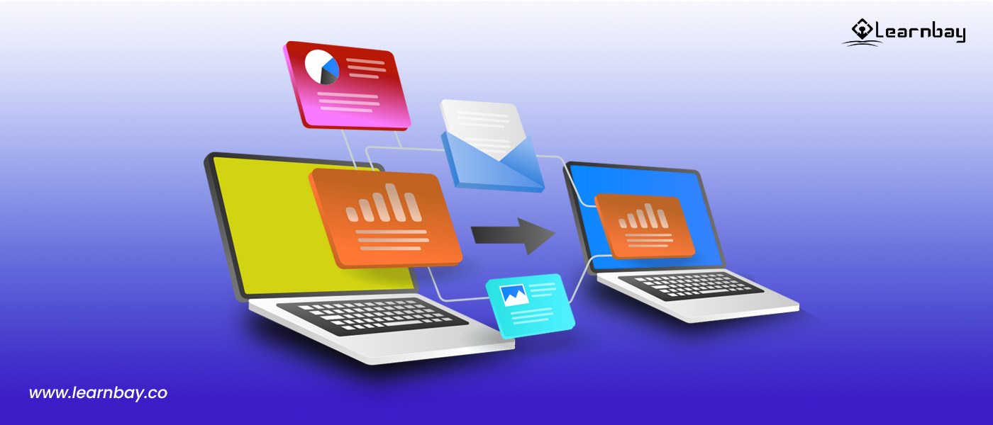 An illustration shows sharing of data between two laptops.