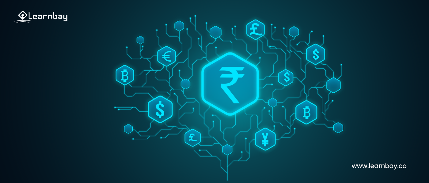 A foreground image shows the rupee symbol, with a background image representing blockchain technology and cryptocurrencies.