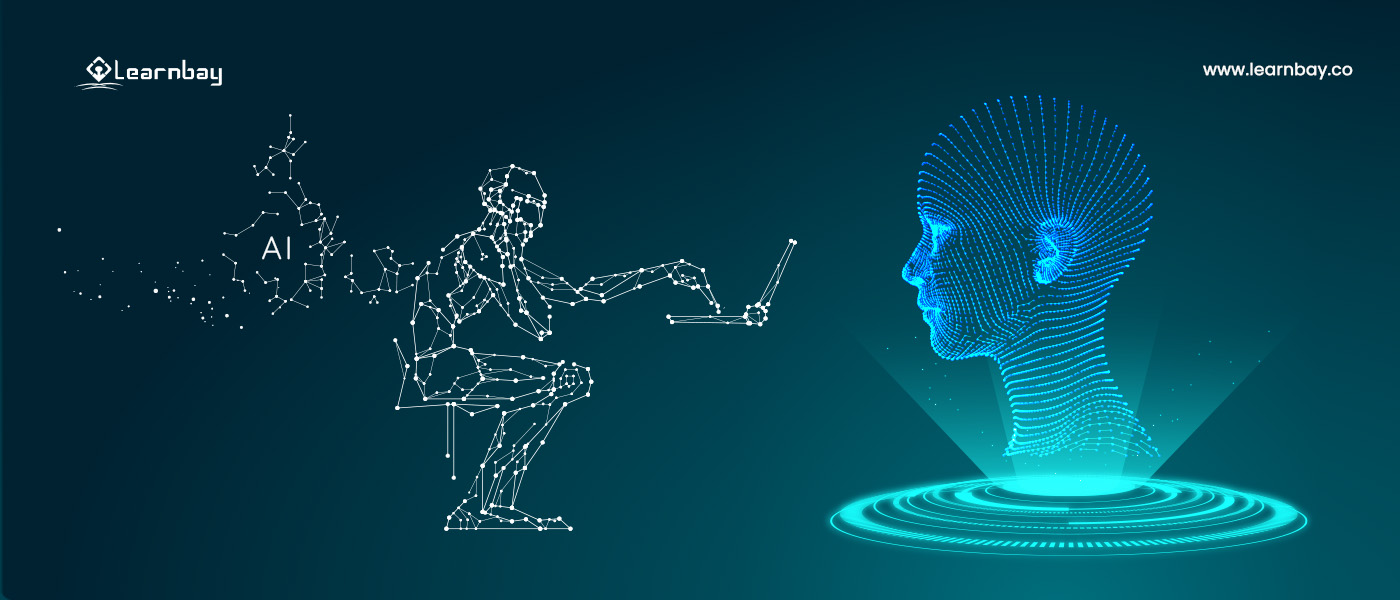 An illustration shows an AI-based robot operating a  hologram image of a human via a laptop