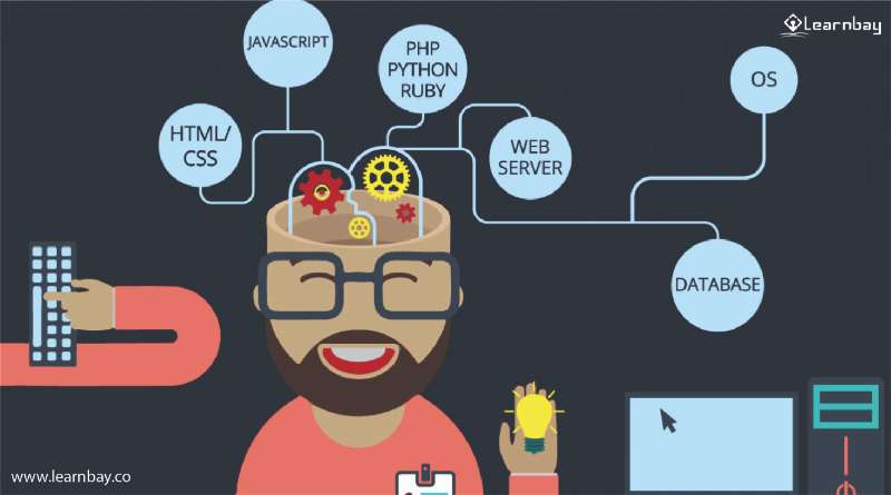 An illustration shows a few of the Scripting and programming  language of Full stack developers such as HTML/CSS, JAVASCRIPT, PHP, PYTHON, RUBY, and DATABASE.