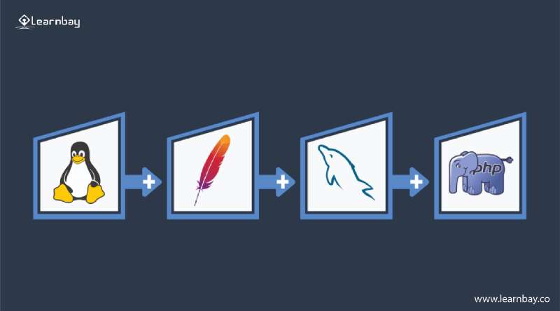 An illustrations shows the LAMP stack, such as Linux, Apache, MySQL, and PHP.