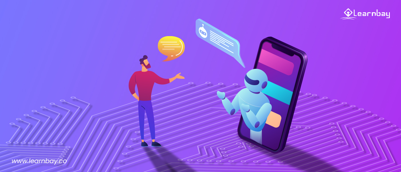 An illustration shows a person standing in front of a smartphone. An AI chatbot with a humanoid robotic appearance comes out from the display.