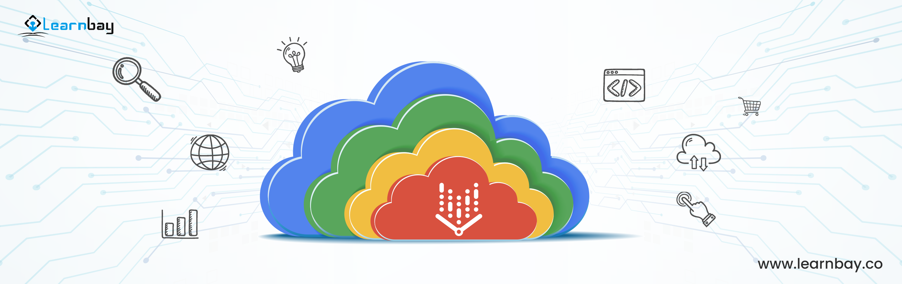 Four  overlapped logos of Cloud ML surrounded by various symbols like bar graphs, coding console, browser, etc  indicates the multi dimensional applications of Cloud ML.