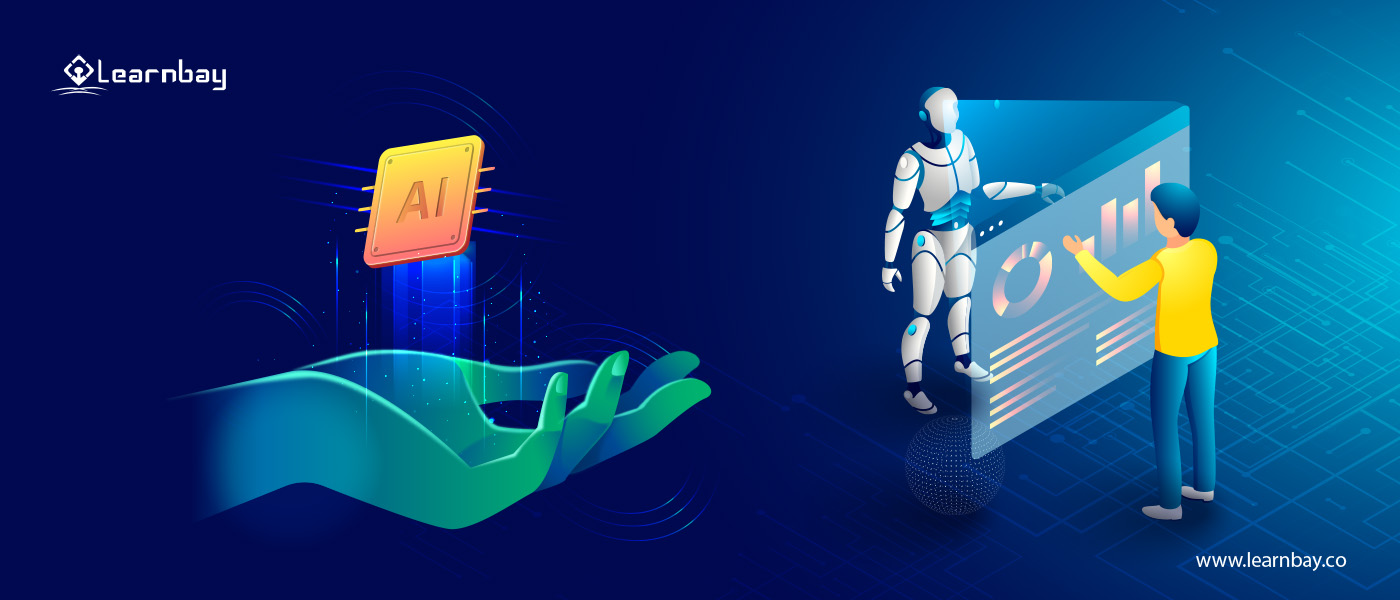 An illustration of an AI-based robot interacting with a human. The left side of the image shows an illustration of a robotic palm with an AI chip on its top. 