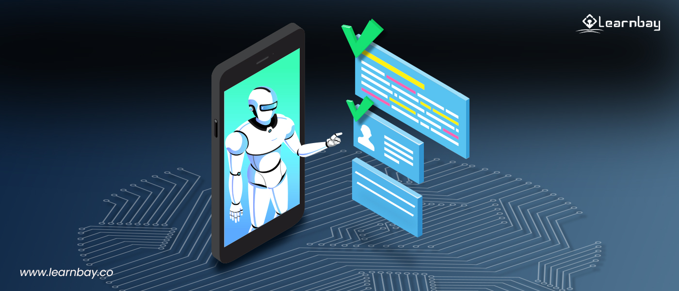 An illustration shows a bot detecting AI-based content on a mobile screen.