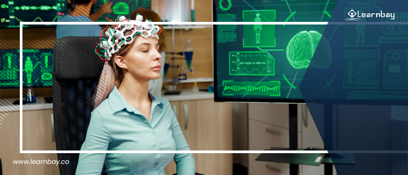 A woman undergoining diagnosis using an AI-based headgear. Her brain & spinal cord are getting scanned on a screen.