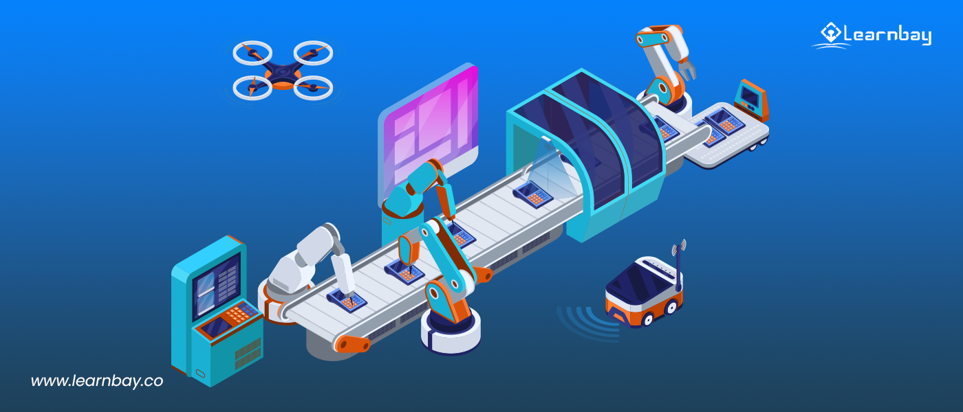 An illustration shows AI-based drones and mechanical equipment used in the manufacturing industry.