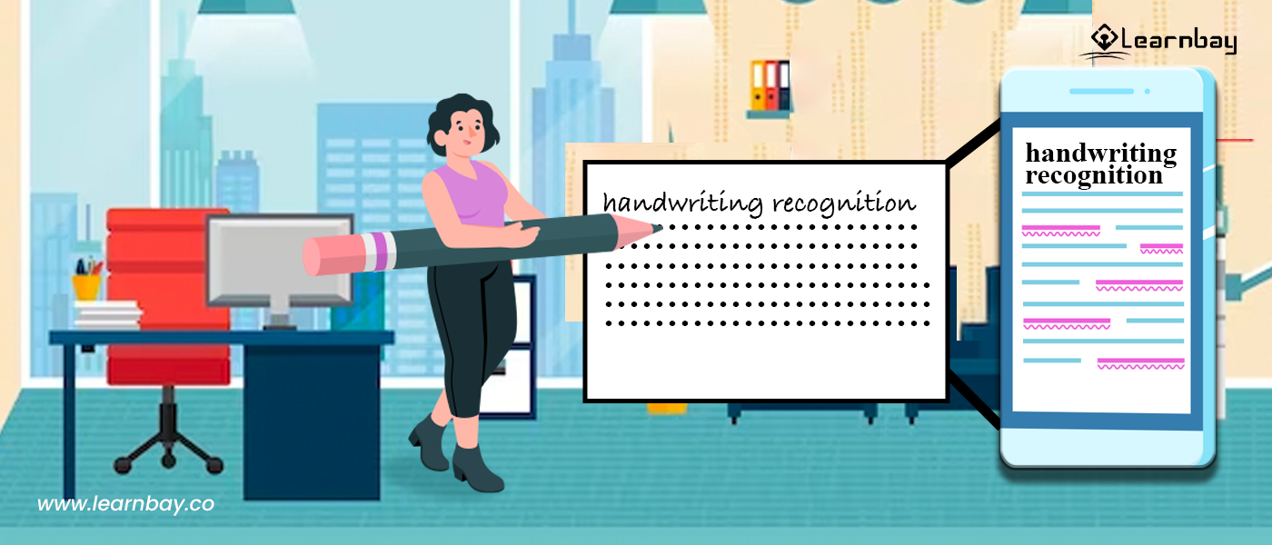 An illustration shows a girl standing with a huge pencil in front of a whiteboard. Behind the girl there is a table, chair, and various desktop accessories. The board has several black dots and is labelled as handwriting recognition.