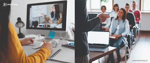 An image displaying in two halves in which the left one shows a girl undergoing an online class, while the right one shows a batch of students undergoing offline training.