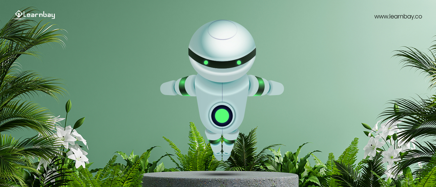 An image of an AI-powered robot surrounded by flora and fauna indicates the concept of green AI.