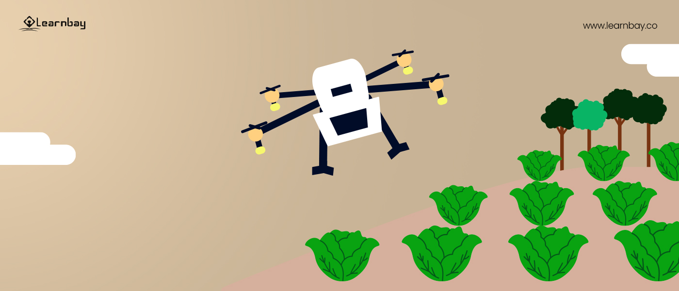 An AI-based drone flying over an agricultural field.