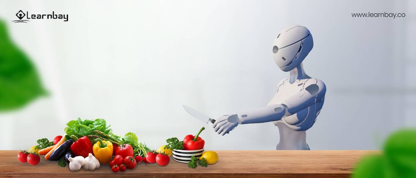 A robot chef holding a knife is busy with a vegetable-chopping task.
