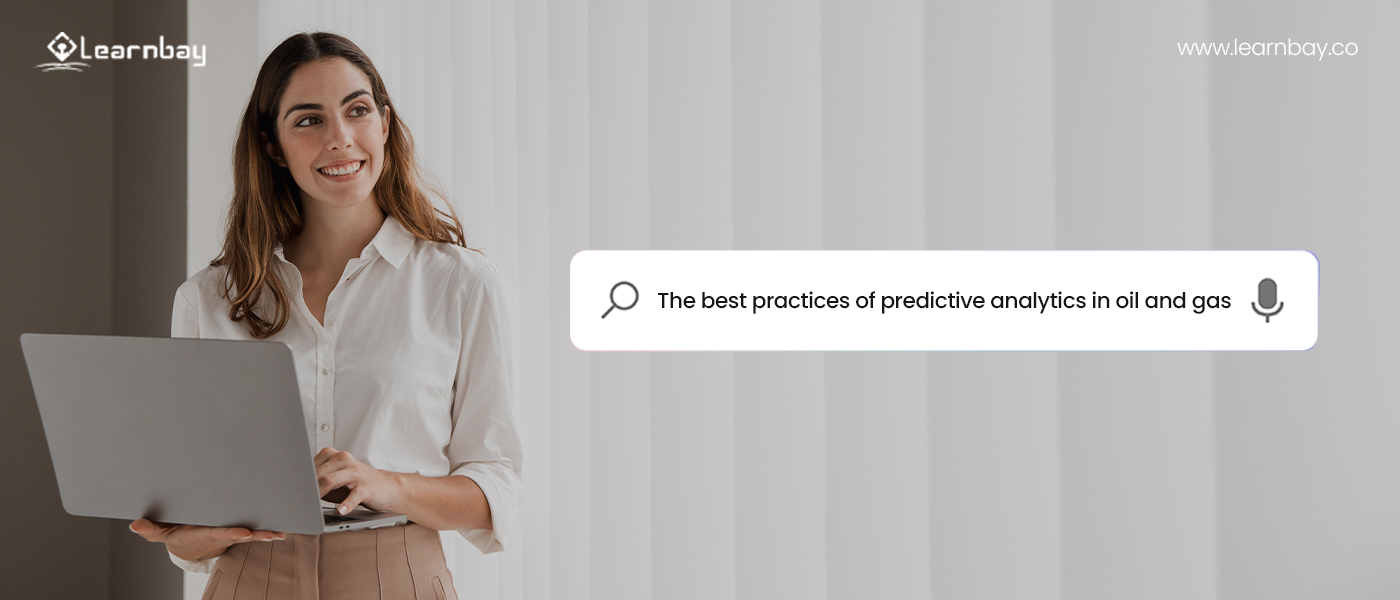 A data science professional standing with a laptop, google searches for the best practices of predictive analytics in the oil and gas sector.